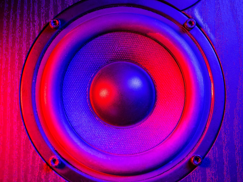 Close-up of a round speaker with textured surface, illuminated by blue and pink lights, mounted on a wooden panel—perfect for showcasing premium Audio and Lighting Services in New Orleans.