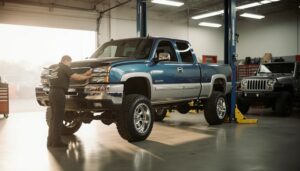 A mechanic inspects the front of a lifted blue and silver pickup truck in an auto repair shop specializing in custom builds Slidell, with another vehicle on a lift in the background.