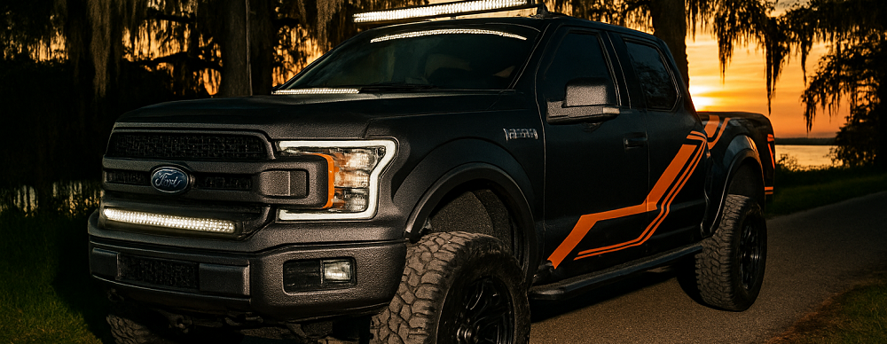 A matte black Ford F-150 with orange decals, a standout among custom builds Slidell, is parked on a road at sunset, surrounded by trees draped in Spanish moss.
