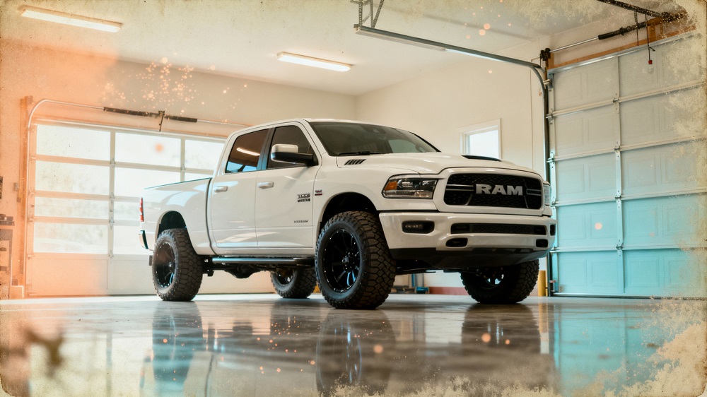 A white RAM pickup truck with black wheels, offered by Custom Cars in Kenner, is parked inside a clean, well-lit garage with the doors closed.