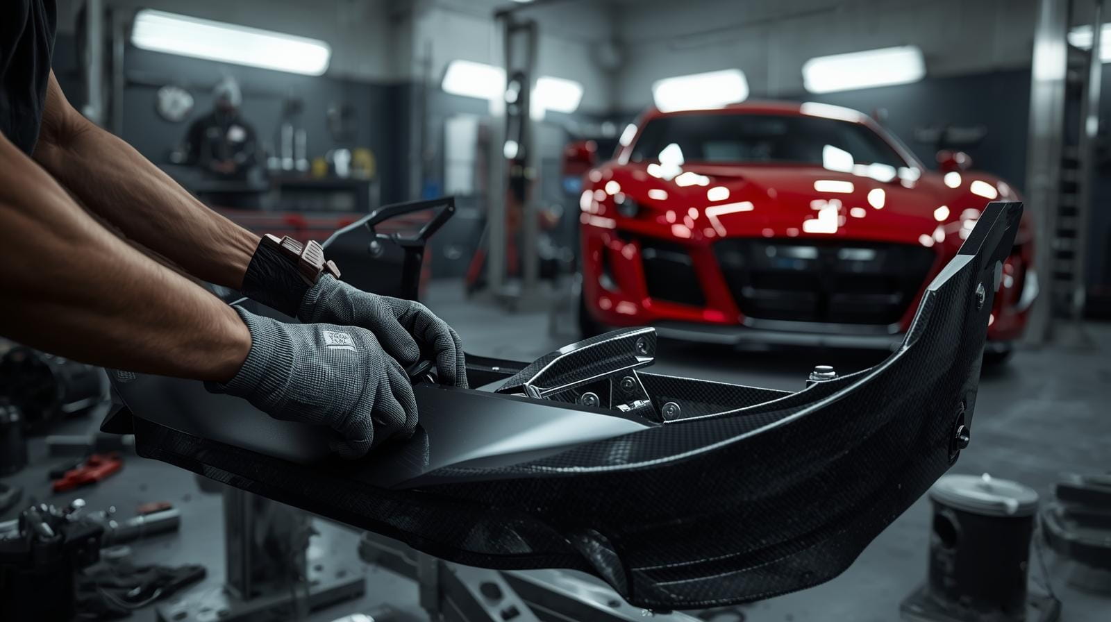 mechanic professionally installing a car body kit