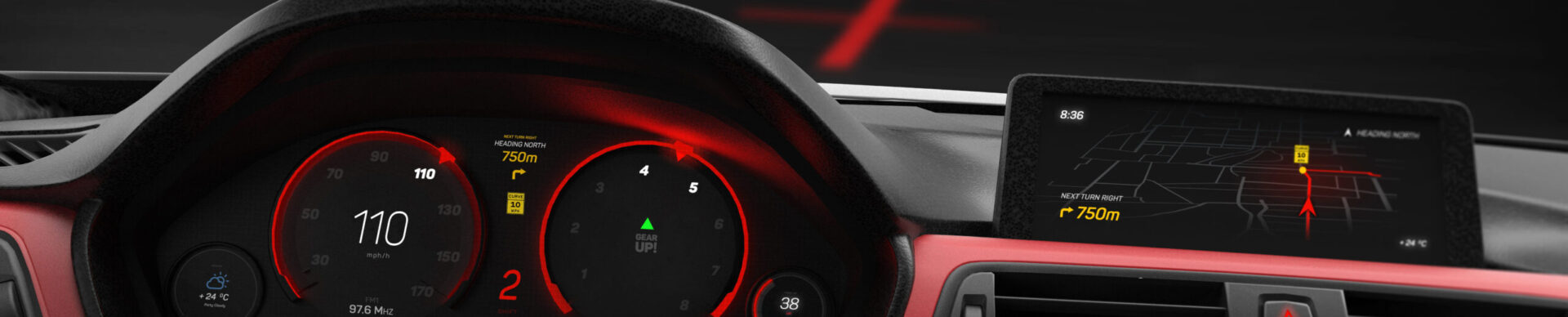Instrument cluster and dash screen lit red at night