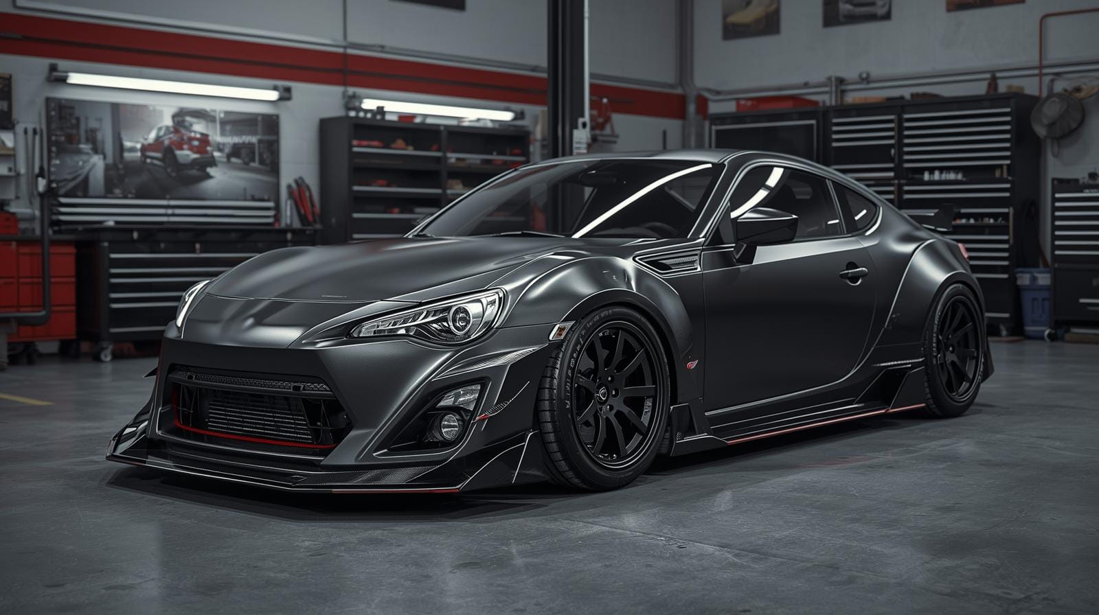 Grey widebody sports car parked in a workshop